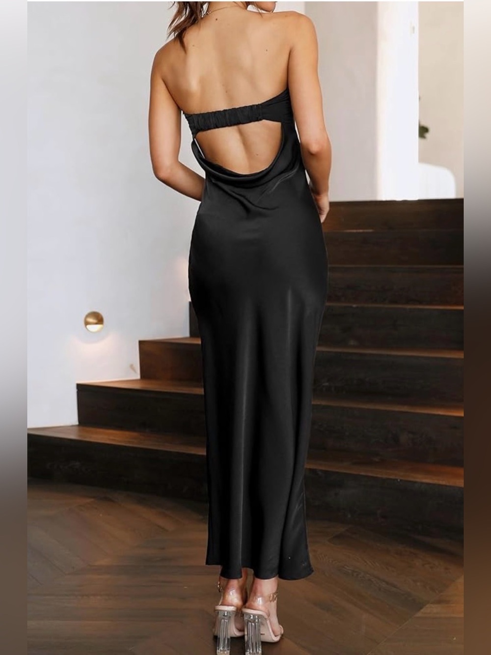 NWOT Black Strapless Satin Column Maxi Dress Black, Medium - Picture 2 of 10